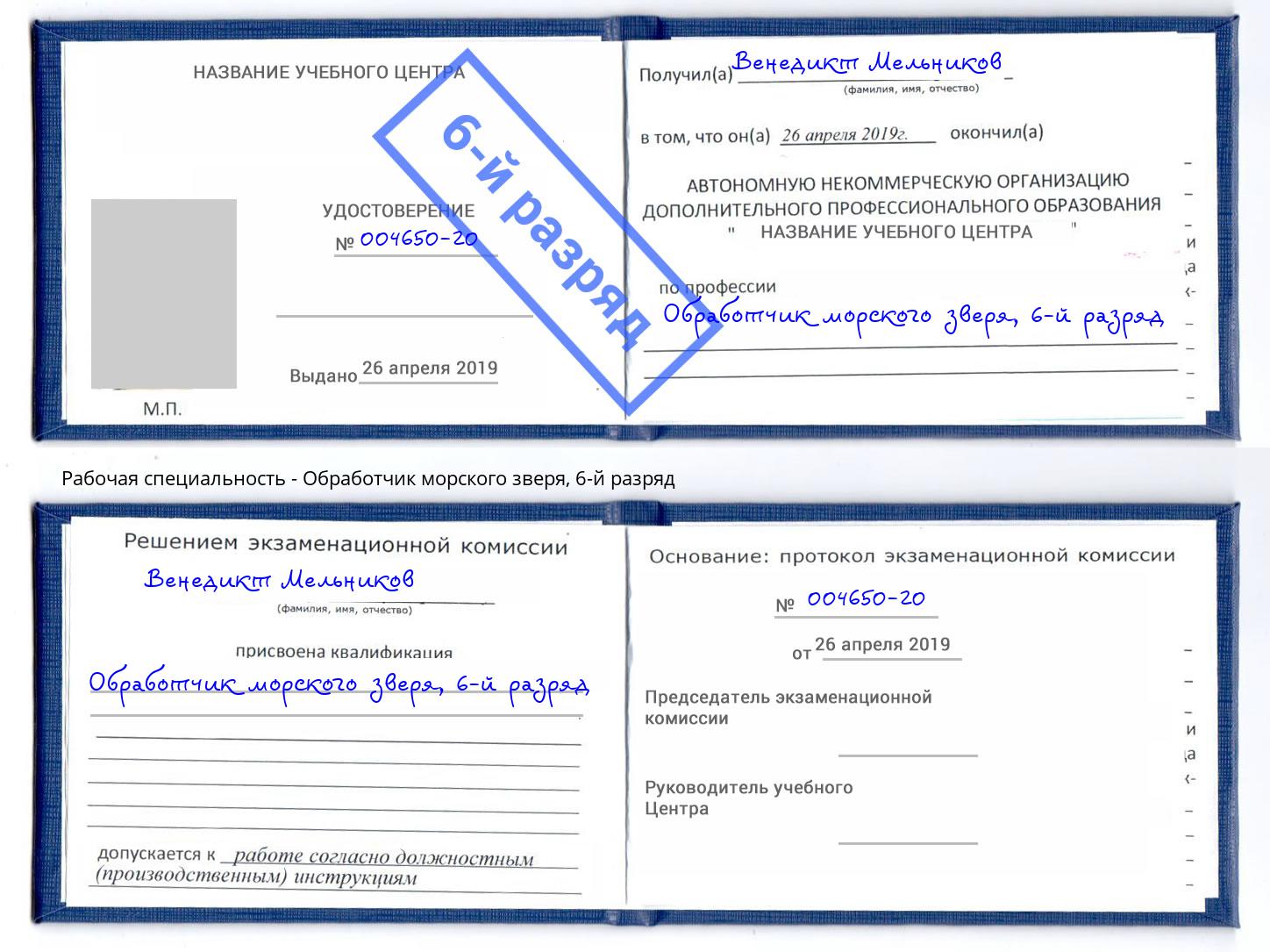 корочка 6-й разряд Обработчик морского зверя Воронеж